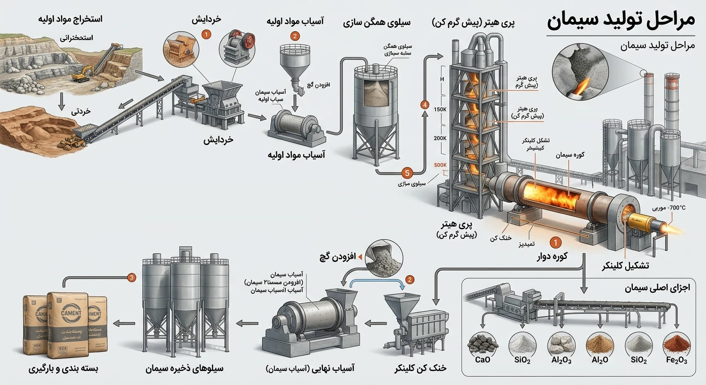 مراحل تولید سیمان و اجزای اصلی آن